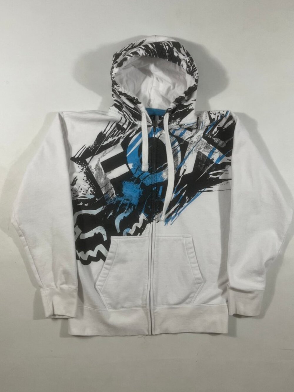 Fox Racing Y2K White Blue Graphic Print Full Zip Hoodie XL